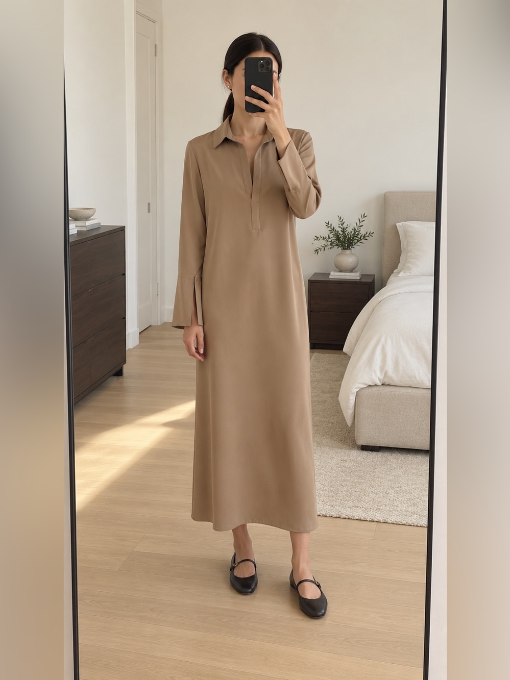 Max Mara Ossola Silk Dress Camel Brown Long Sleeve Button Cuff US 6 IT 40 NWT